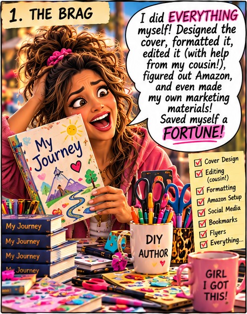 Panel 1, The Brag: Donna holds up her hand-drawn book cover beside a checklist: cover design, editing by her cousin, formatting, Amazon setup, social media, bookmarks, flyers, everything.