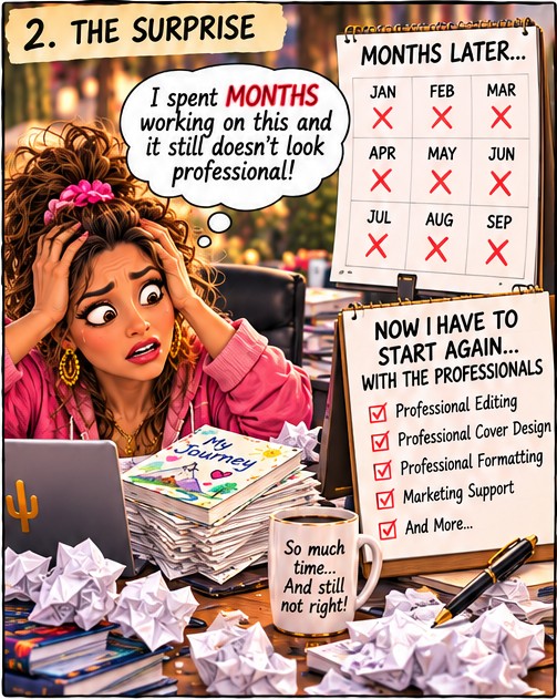 Panel 2, The Surprise: A calendar crossed off from January to September. A sign reads: Now I have to start again, with the professionals: editing, cover design, formatting, marketing support and more.