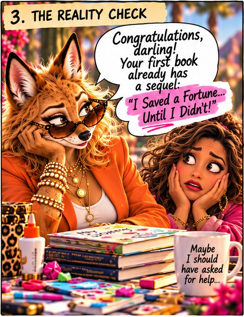 Panel 3, The Reality Check: Sienna the Coyote teases Donna, whose mug reads: Maybe I should have asked for help.