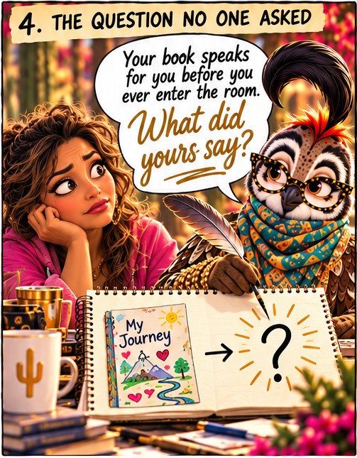 Panel 4, The Question No One Asked: Quincy the Quail sketches Donna's book cover, an arrow and a question mark.