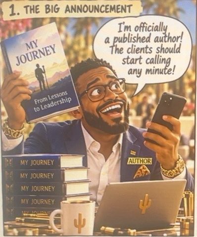 Barry holds up his book, My Journey: From Lessons to Leadership, grinning with his phone in hand.