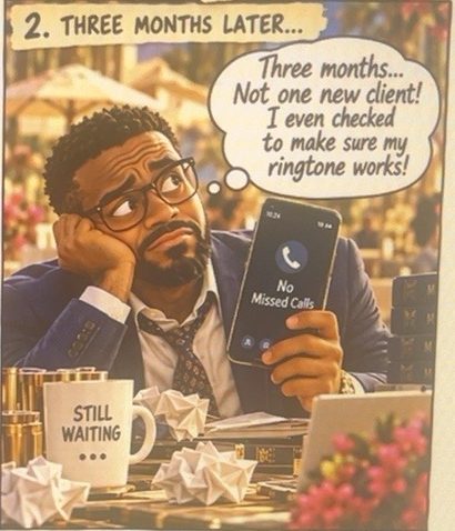 Barry slumps at his desk beside a Still Waiting mug, his phone showing No Missed Calls.