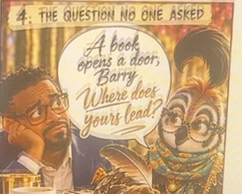 A wise owl in glasses and a scarf, holding a quill, speaks to a thoughtful Barry.