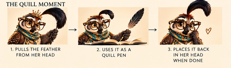 The Quill Moment: Quincy pulls the feather from her head, uses it as a quill pen, and places it back when done
